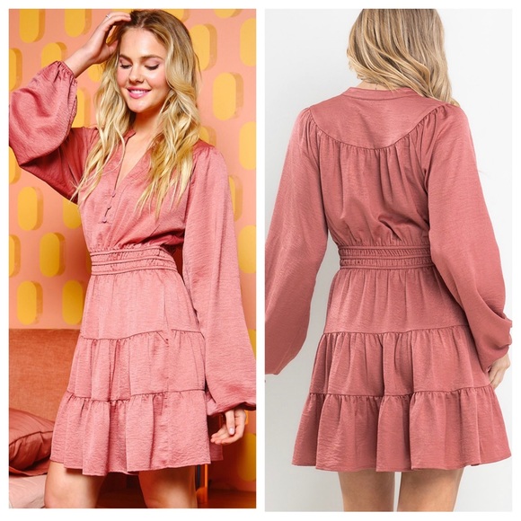 30 Boho Satin Balloon Sleeve Tiered Dress - Picture 4 of 5